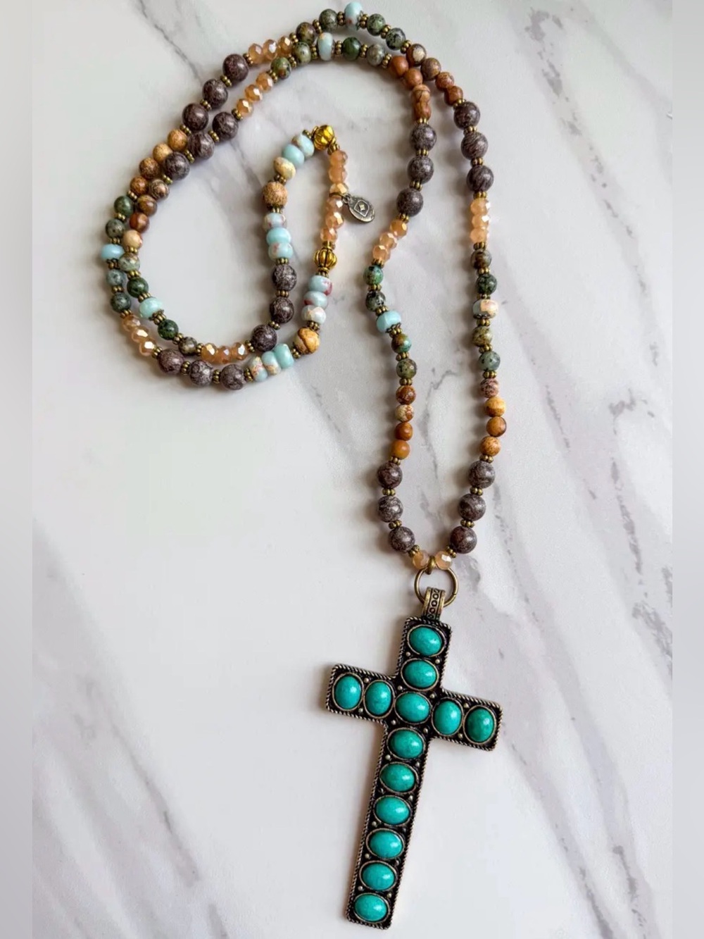 Genesis Turquoise Boho Western Cross Pendant Beaded Necklace